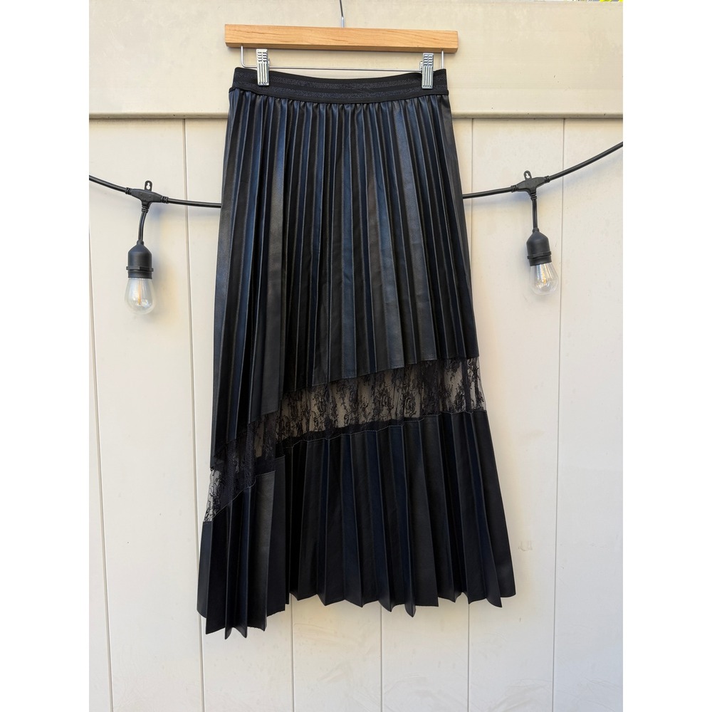 Gracia Black Faux Leather Pleated Midi Skirt Lace Insert Elastic Waist Womens S